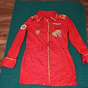 Red Long Sleeve Shirt Dress with Embroidered Patches